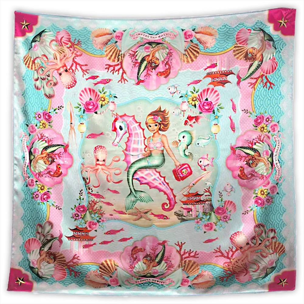 Retro Style Mermaid Riding Seahorse Silky Scarf  New
